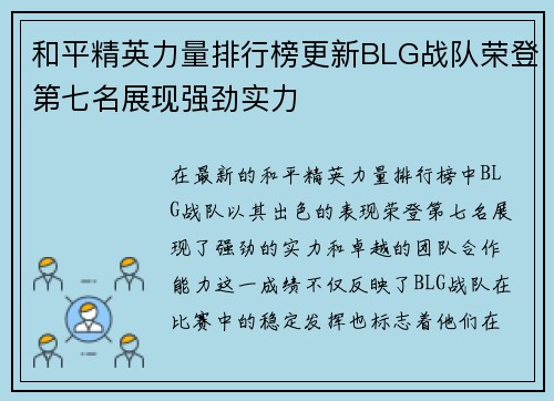 和平精英力量排行榜更新BLG战队荣登第七名展现强劲实力